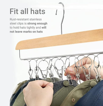 Mkono Hat Hangers for Closet Set of 2 Wooden Hat Racks Organizer for Baseball Caps with 20 Stainless Steel Clips, Baseball Hat Holder for Closet Storage, Fits All Caps, Wood Color