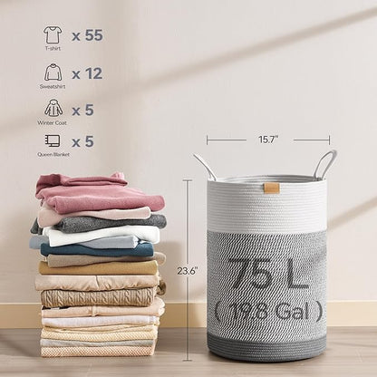 Nunsino Laundry Hamper 75L,Large Laundry Basket for Clothes,Decorative Storage Basket for Blankets,Cotton Rope Woven basket for bedroom,Grey White