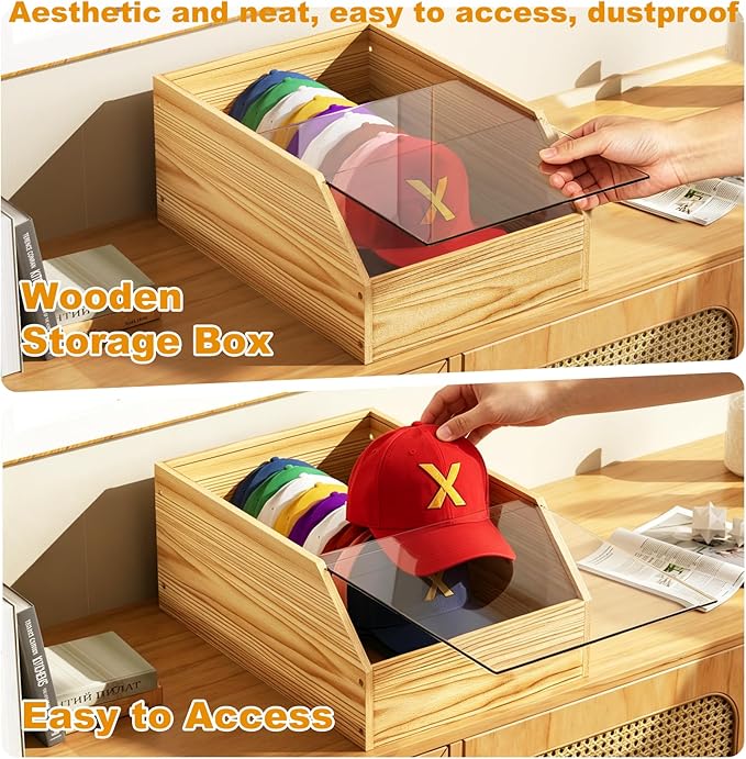 Wooden Hat Organizer Box for Baseball Caps, Hats Holder Box with Pullable Acrylic Lid Large Cap Storage for Closet Countertop (charcoal color)