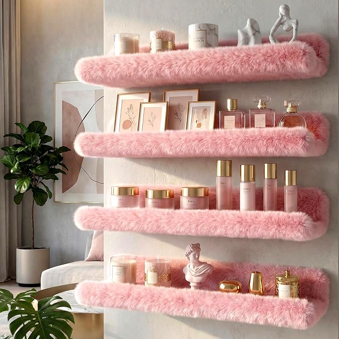 Care&More YJ 15 Inch Nail Polish Shelves, 4-Pack Fuzzy Display Nail Polish Rack for Storing Nail Bottles, Sunglasses, Essential Oils, Plush Soft Pink