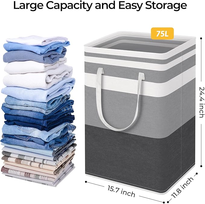 HomeHacks 2 Pack Large Laundry Baskets, Waterproof, Freestanding Laundry Hampers, Collapsible Clothes Hamper with Reinforced Handles in Laundry, College Dorm, Bathroom, Bedroom (Grey+Blue, 75Lx2)
