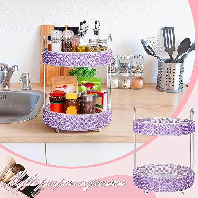 Honeydak 360 Rotating Perfume Organizer for Mother Day Nurse Day Rhinestone Bathroom Counter Organizer Makeup Holder Skincare and Perfume Storage for Cosmetic Countertop(2 Tiers,Pearl,Purple)