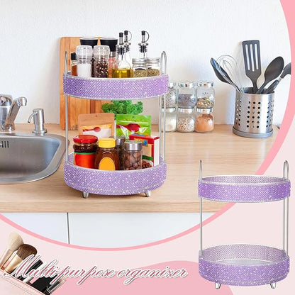 Honeydak 360 Rotating Perfume Organizer for Mother Day Nurse Day Rhinestone Bathroom Counter Organizer Makeup Holder Skincare and Perfume Storage for Cosmetic Countertop(2 Tiers,Pearl,Purple)