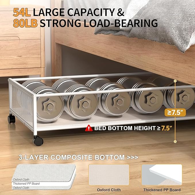 Under Bed Storage Containers with Wheels Large Underbed Shoes Blankets Clothes Toy Storage Drawers for College Dorms Bedrooms Nursery Rooms Organization (White 2 Pack, 7.5in height(36"x16.6"x7.48"))