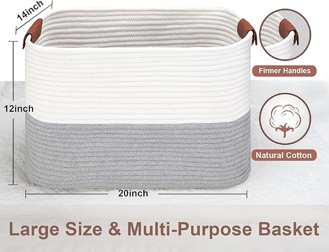 Large Cotton Rope Storage Basket with Leather Handles, Laundry Hamper Basket, 20 "L x 14" W x 12 "H, Durable & Stylish Organizer for Home.(Large Gray)