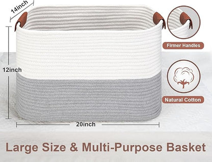 Large Cotton Rope Storage Basket with Leather Handles, Laundry Hamper Basket, 20 "L x 14" W x 12 "H, Durable & Stylish Organizer for Home.(Large Gray)