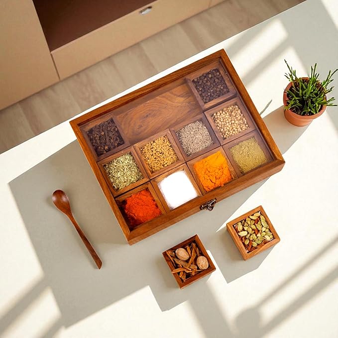 Wooden Spice Box, Masala Container, Condiments Storage Case for Kitchen, Multipurpose Decorative Box - Indian Rosewood Crafted