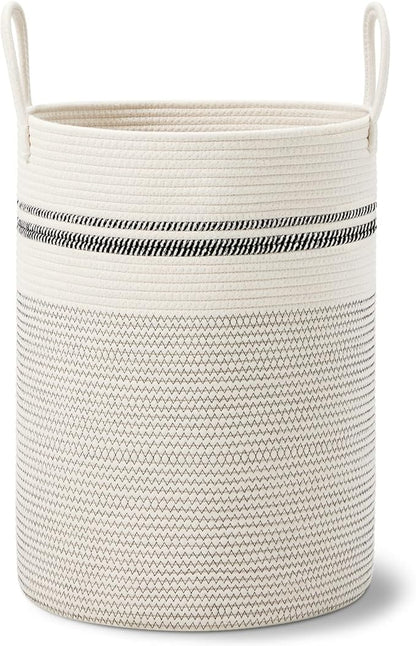 VIPOSCO Large Laundry Hamper, Tall Woven Rope Storage Basket for Blanket, Toys, Dirty Clothes in Living Room, Bathroom, Bedroom - 100L Stripe White