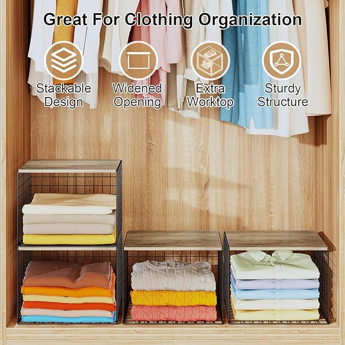 Widened & Heightened Closet Organizers And Storage Shelves With Top Board, Set of 3 Stackable Closet Shelf Organizer Storage Bin Basket For Clothes Sweaters,Space-saving, Sturdy,Wider Higher Size