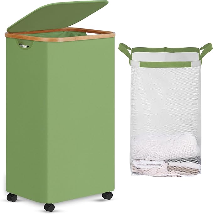 efluky Laundry Basket with Wheels, Tall Rolling Laundry Hamper with Lid and Removable Bag, Aesthetic Dirty Clothes Hamper on Wheels for Laundry Room, Bedroom, Dorm and Bathroom, 100L Green