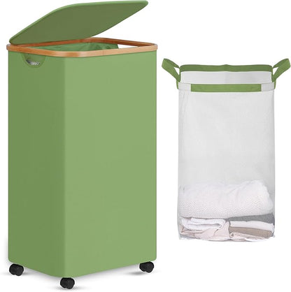 efluky Laundry Basket with Wheels, Tall Rolling Laundry Hamper with Lid and Removable Bag, Aesthetic Dirty Clothes Hamper on Wheels for Laundry Room, Bedroom, Dorm and Bathroom, 100L Green