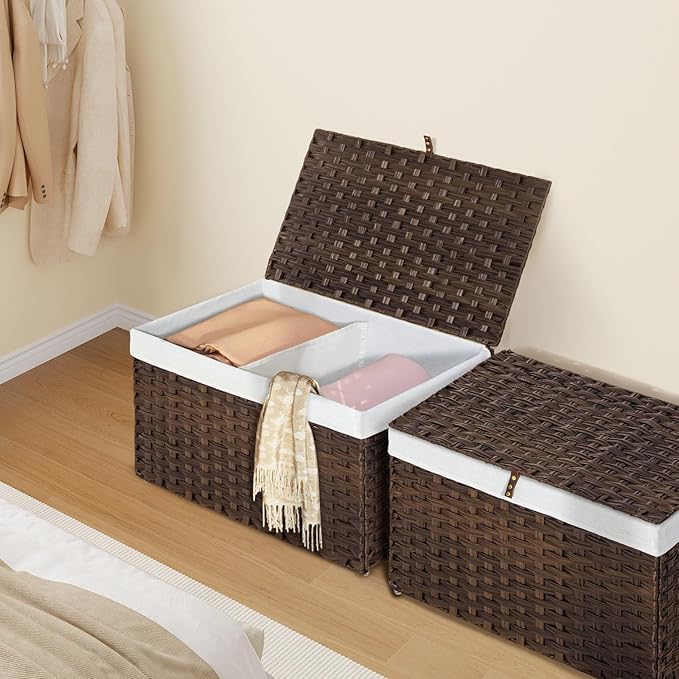 Greenstell Storage Basket with Lid, 105L Large Wicker Basket with Lid, Handwoven Blanket Storage Basket with Handles, Removable Cotton Liner, Metal Frame, Foldable for Bedroom, Laundry Room, Brown