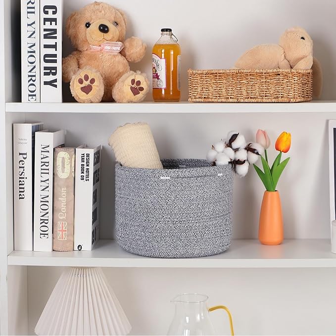 MiniArk Small Basket for Organizing | Cube Shelf Closet Storage Baskets | 9.7×9.7×7.1” | Woven Rope Gift Basket | Nursery | Round 3 Packs Mixed Grey