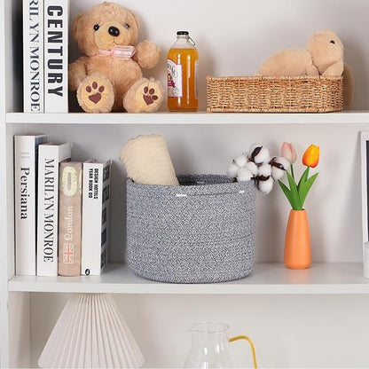 MiniArk Small Basket for Organizing | Cube Shelf Closet Storage Baskets | 9.7×9.7×7.1” | Woven Rope Gift Basket | Nursery | Round 3 Packs Mixed Grey