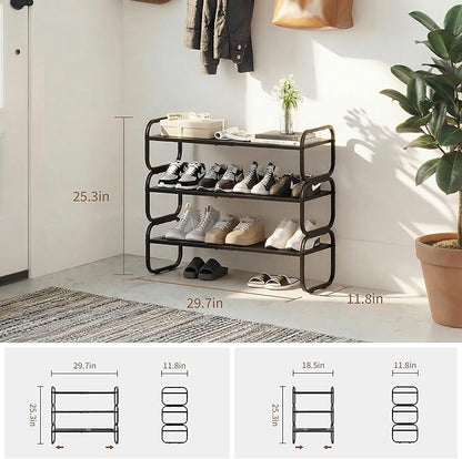 3 Tier Shoe Rack - Expandable Shoe Organizer for Closet, Adjustable Metal Shoe Shelf Storage, Stackable Long Shoe Stand Holder for Garage, Entryway, Door Entrance