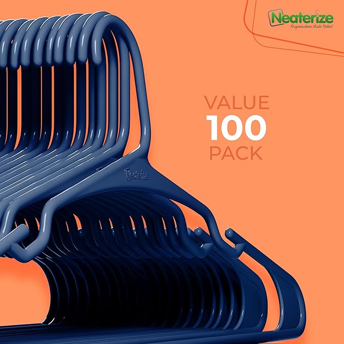 NEATERIZE Clothes Hangers Plastic 100 Pack for Adults - Plastic Hangers, The Perfect Coat Hanger and Space Saving Clothes Hangers for Closet - Navy Blue Hangers