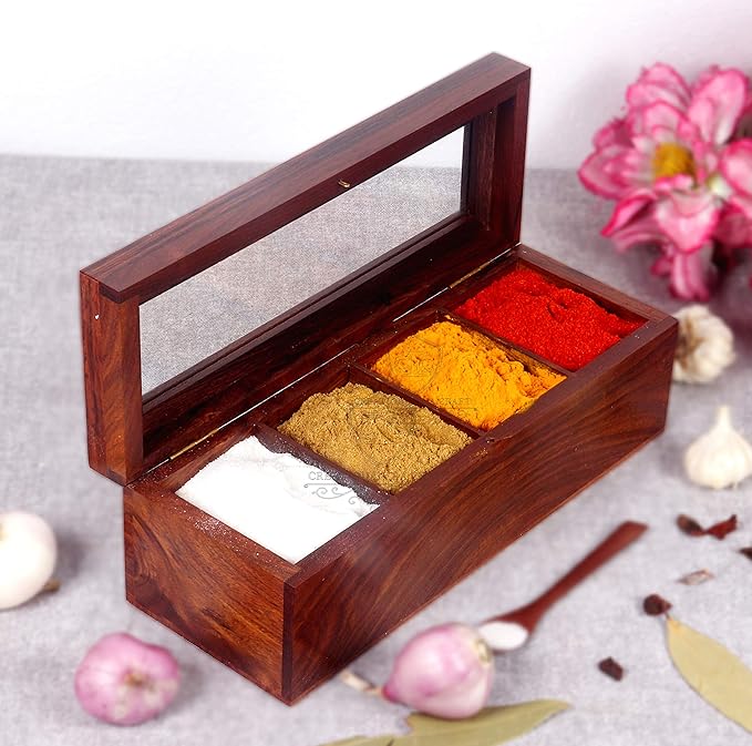 Wooden Spice Box, Masala Container, Condiments Storage Case for Kitchen, Multipurpose Decorative Box - Indian Rosewood Crafted