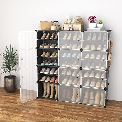 Portable Shoe Rack Organizer with Door, 48 Pairs Shoe Storage Cabinet Easy Assembly, Plastic Adjustable Shoe Organizer Stackable Detachable Free Standing Shoe Rack DIY Expandable 8 Tier Black