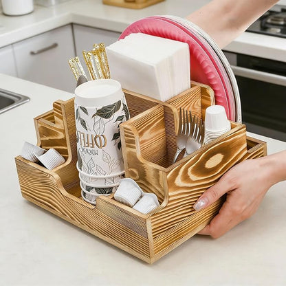 ZAVOOS Paper Plate Dispenser, Small Wood Utensil Holder Silverware Caddy for Cups Spoons Forks Napkins, Rustic Cutlery Flatware Organizer with 9 Compartments for Party, Kitchen, Camping, Buffet