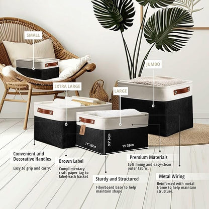 DECOMOMO Storage Bins, Extra Large Fabric Storage Baskets for Shelves, Decorative Linen Closet Organizer, 15.8 x 12.5 x 10 inches (Black & White, 3 Pack)