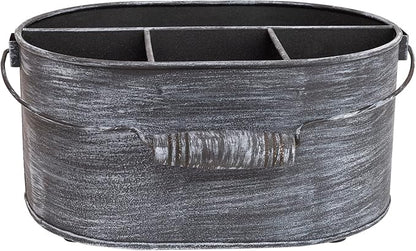 GoCraft Galvanized Flatware Caddy – Rustic Metal Utensil Holder with Handle – 4-Compartment Kitchen Organizer for Cutlery, Napkins, BBQ Tools – Farmhouse Table Decor & Storage