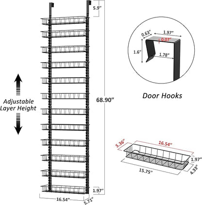 Churboro Over the Door Pantry Organizer Rack with 12 Adjustable Baskets, 12 Tiers Dual-use Spice Rack- Hanging or Wall Mount Spice Rack, Pantry Door Organizer, Black