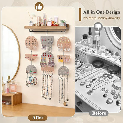 Keebofly Wall Mounted Jewelry Organizer, Boho Hanging Earring Holder with Wood Shelf & Necklace Hooks, Acrylic Pegboard Earring Display Rack for 100+ Pairs Studs, Hoops & Dangles, Decorative Storage