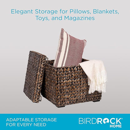 BIRDROCK HOME Storage Cube Box with Lid - Brown Wash Seagrass - Large Hand Woven Floor Container for Blankets Pillows - Sturdy Metal Frame