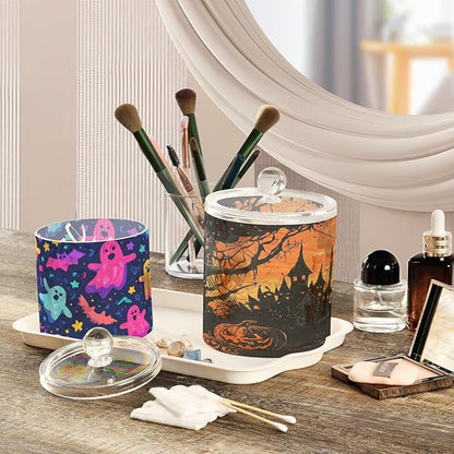 2 Pack Qtip Dispenser Apothecary Jars with Lids Cotton Round Holder Bathroom Canisters for Cotton Swab Floss Ball Pads Clear Plastic Decorative Orange Halloween Castle Ghosts Star