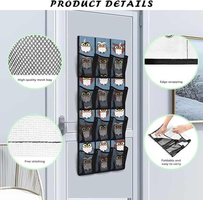 Owl Design Over The Door Shoe Organizer,Hanging Shoe Organizer for Door with 12 Mesh Pockets,Breathable Organizer Storage Bag,Shoe Rack for Door Sneaker Hanger Boot Storage