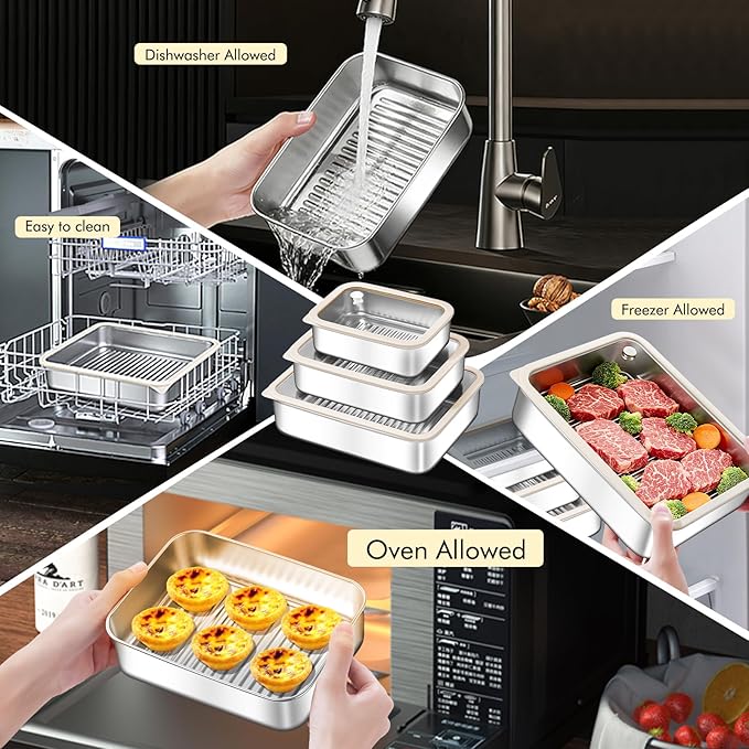 GIUOIDUO 3-Piece Extra Thick 304 Stainless Steel Food Storage Containers with Non-Stick Bottom, Airtight Glass Lids & Silicone Seal, Stackable Kitchen Organization Boxes for Food Preservation