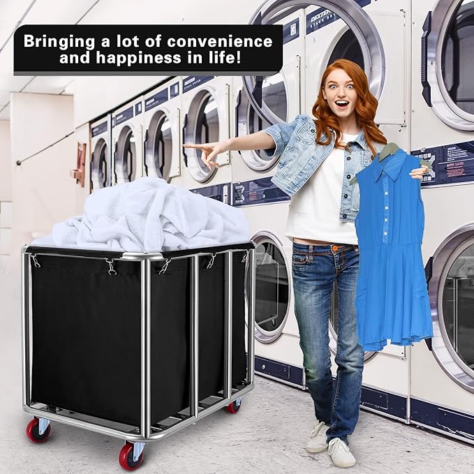 Commercial Laundry cart with Wheels,400L Large Laundry Basket with Wheels,Laundry Hamper on Wheels Heavy Duty with Steel Frame and Waterproof Oxford Cloth, 440Lbs Load (C-Black)