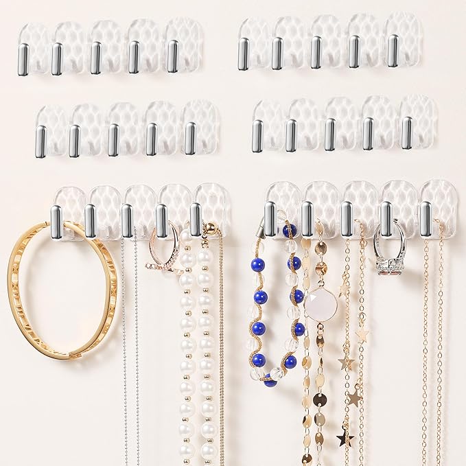 Wall Hanging Jewelry Organizer, Necklace hooks, Self adhesive Necklace Holder, Jewelry Hooks for Bracelets, Earrings and Rings (Clear-30hooks)
