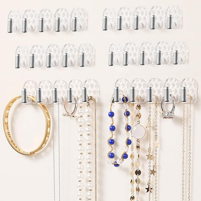 Wall Hanging Jewelry Organizer, Necklace hooks, Self adhesive Necklace Holder, Jewelry Hooks for Bracelets, Earrings and Rings (Clear-30hooks)