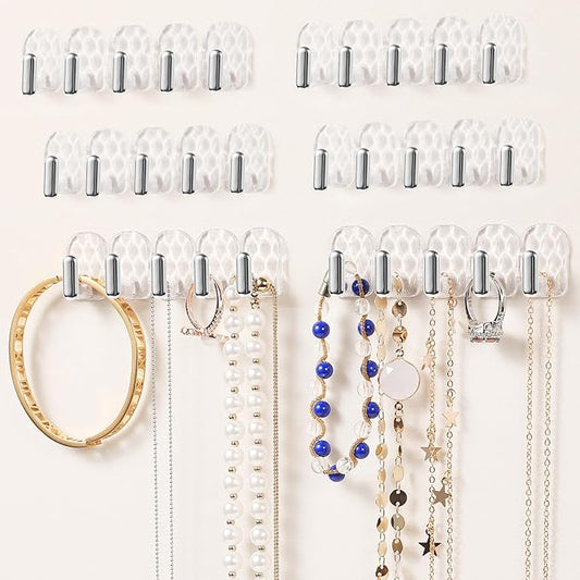 Wall Hanging Jewelry Organizer, Necklace hooks, Self adhesive Necklace Holder, Jewelry Hooks for Bracelets, Earrings and Rings (Clear-30hooks)