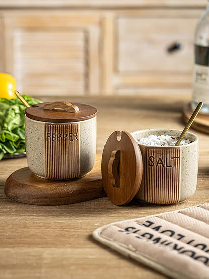 Ceramic Salt and Pepper Bowl, Salt Cellar with Lid and Spoons Salt Containers for Countertop Pepper Holder Box, Beige