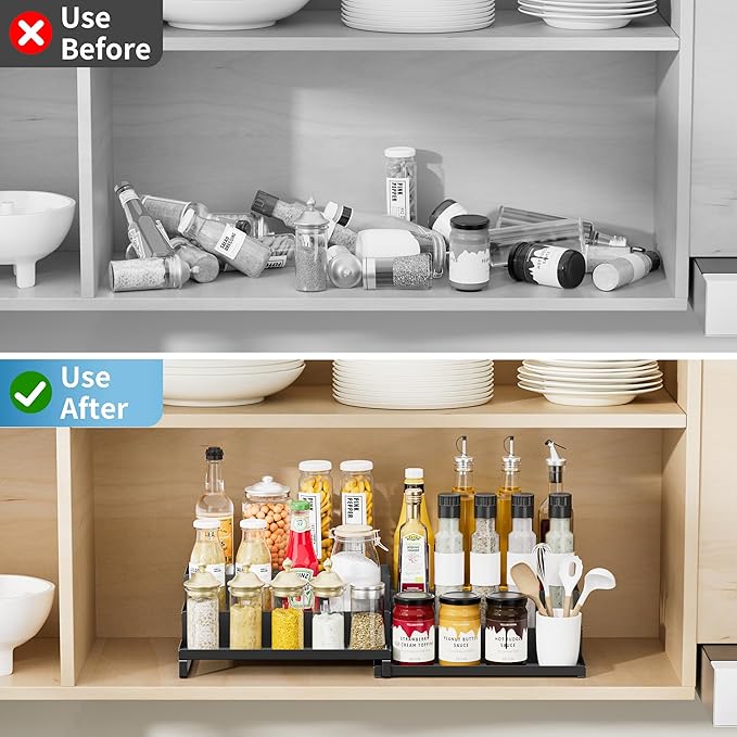 BOIVSHI Spice Rack Organizer for Cabinet, Expandable 3 - Tiered Spice Rack, Metal Spice Organizer, Spice Shelf Organizer for Cabinet, Countertop, Pantry, Cupboard, Black