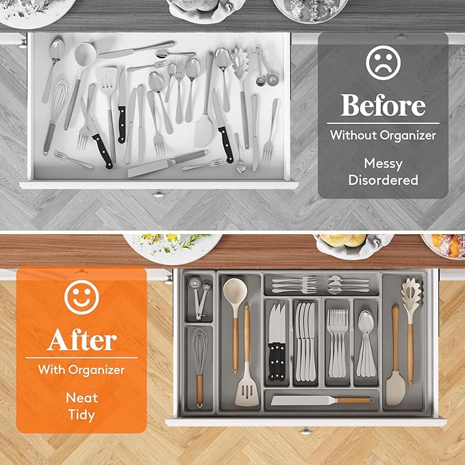 Lifewit Silverware Organizer, Plastic Kitchen Utensil Drawer Tray, Cutlery Flatware Storage Holder for Spoons Forks Knives, 28 x 16"/ 72 x 42cm, 10 Compartment, Gray
