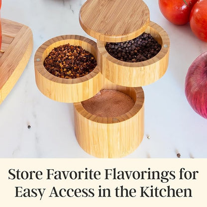 Totally Bamboo Triple Salt Cellar – 3 Tier Bamboo Salt and Pepper Storage Box with Magnetic Swivel Lids, Seasoning Holder for Salt, Herbs, and Spices, 1⅓ Cup Capacity