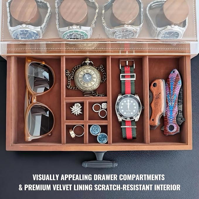 Cologne and Watch Organizer Walnut Brown – Wooden Perfume Display Stand with Jewelry Storage Drawer, Velvet Lining, Hidden Compartment – Large Cologne Holder – Gift Box Included