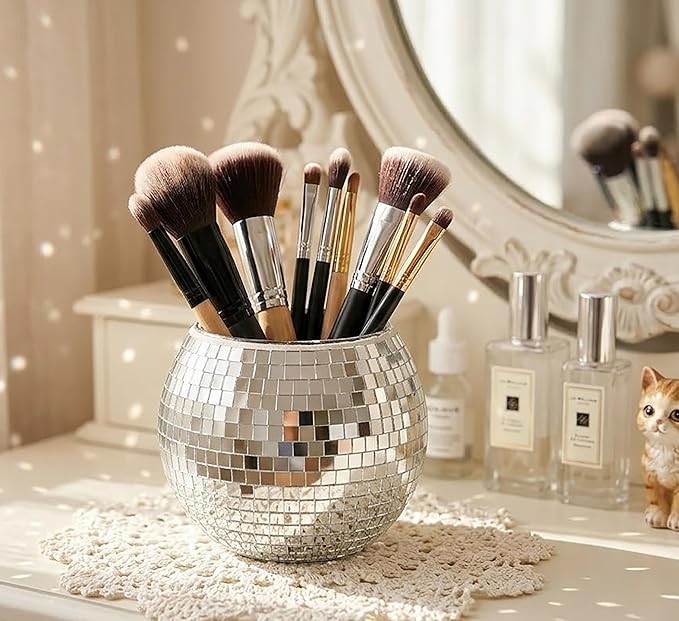 Glass Disco Ball Pen Holder with Smooth Grouting - Premium Mirror Mosaic Pencil Cup for Desk, Cute Makeup Brush Holder, Aesthetic Room Decor Gift (silver)