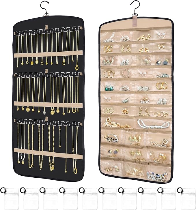 Hanging Jewelry Organizer for Closet, Double-Sided Jewelry Storage for Earrings, Necklaces, Rings on Wall/Door, Earring Holder Organizer Wall with Hooks, Includes 10 Sealed Bags, Water- & Dustproof
