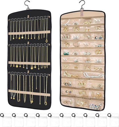 Hanging Jewelry Organizer for Closet, Double-Sided Jewelry Storage for Earrings, Necklaces, Rings on Wall/Door, Earring Holder Organizer Wall with Hooks, Includes 10 Sealed Bags, Water- & Dustproof