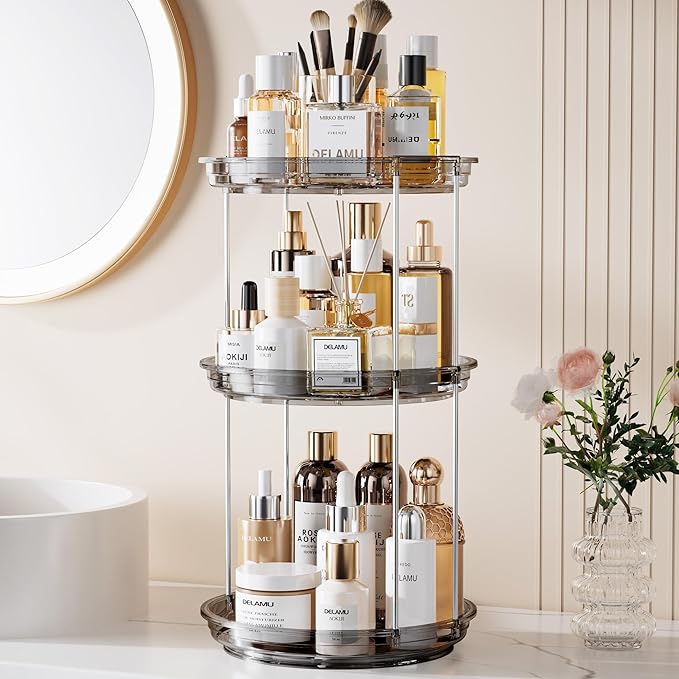 Delamu 3 Tier Rotating Makeup Organizer for Vanity, Skincare Organizer for Bathroom Counter, Spinning Perfume Organizer Cosmetic Holder with Large Capacity, Grey