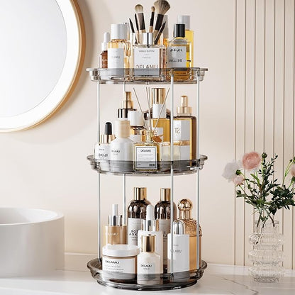 Delamu 3 Tier Rotating Makeup Organizer for Vanity, Skincare Organizer for Bathroom Counter, Spinning Perfume Organizer Cosmetic Holder with Large Capacity, Grey