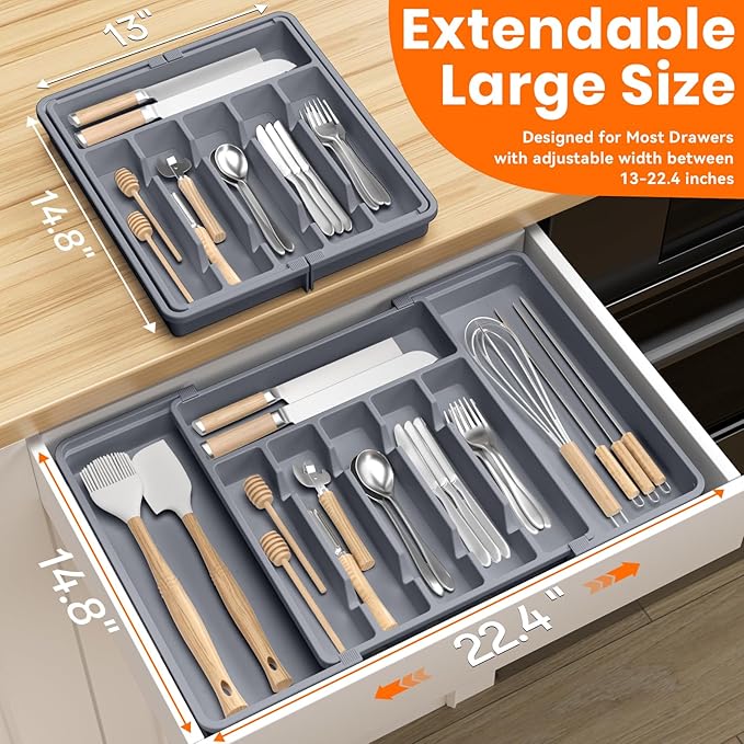 RoomHacks Large Silverware Organizer,Expandable Utensil Drawer Organizer,BPA Free Utensil Holder,Adjustable Silverware Tray Cutlery Drawer Organizer for Kitchen Flatware,Large,Grey,2 Pack