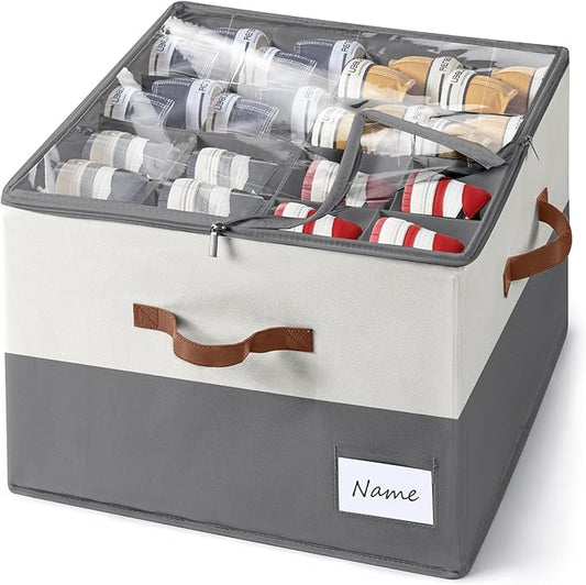 Shoe Organizer for Closet, Fits Up to 16 Pairs, Large Shoe Box Storage Container with Clear Cover, with Adjustable Dividers for Shoe Storage Bins,Space-Saving Shoe Bins (Beige and grey)