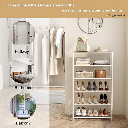 HOMEFORT Shoe Rack 6-Tier, Shoe Storage Shelf, Industrial Shoe Tower, Narrow Shoe Organizer for Closet Entryway, Small Shoe Rack Table with Durable Metal Shelves,White Oak