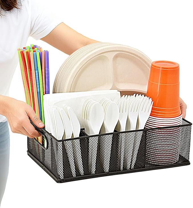 Metal Silverware Caddy for Countertop – 7 Compartment Paper Plate and Utensil Organizer with Side Handles – Cutlery Holder for Party, Buffet, Picnic, or Kitchen Table
