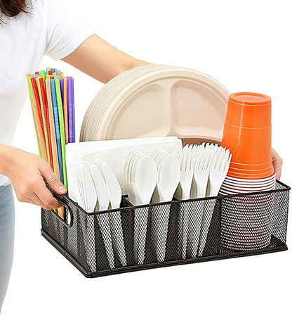 Metal Silverware Caddy for Countertop – 7 Compartment Paper Plate and Utensil Organizer with Side Handles – Cutlery Holder for Party, Buffet, Picnic, or Kitchen Table